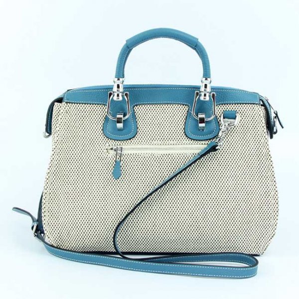 Hermes 9049 Leather With Cloth 32cm Wrist Bags Medium Blue Silve